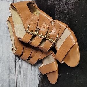 Michael Kors Tan Leather Strappy Buckle Kitten Heel Open Toe Sandals Siz…